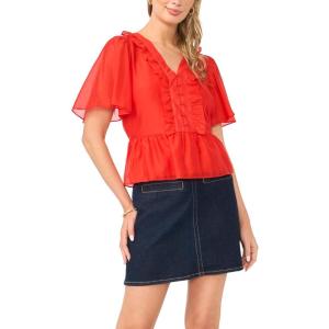 Vince Camuto Women’s V Neck 3/4 Sleeve Button Down Top(Lobster Red)
