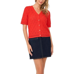 Vince Camuto Women’s Pointelle Short Sleeve Cardigan(Lobster Red)