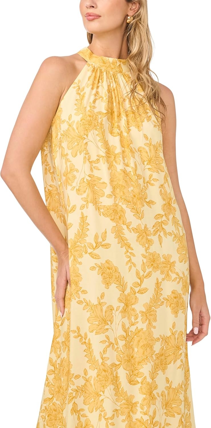 image:imageVince Camuto Womens Floral Sleeveless Halter Neck Maxi DressLemon Cream