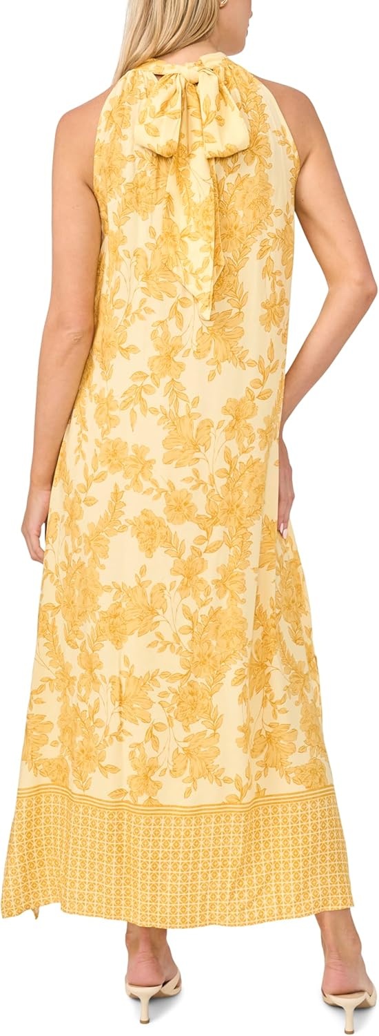 image:imageVince Camuto Womens Floral Sleeveless Halter Neck Maxi DressLemon Cream