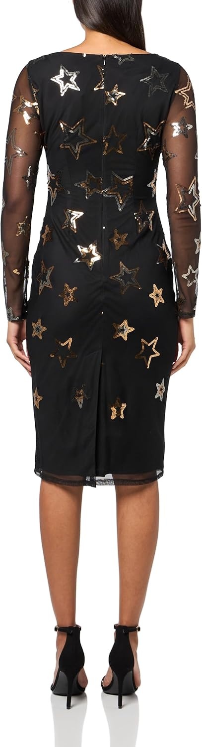 image:imageVince Camuto Womens Long Sleeve Sequin Mesh Side Ruched Bodycon DressBlack Gold