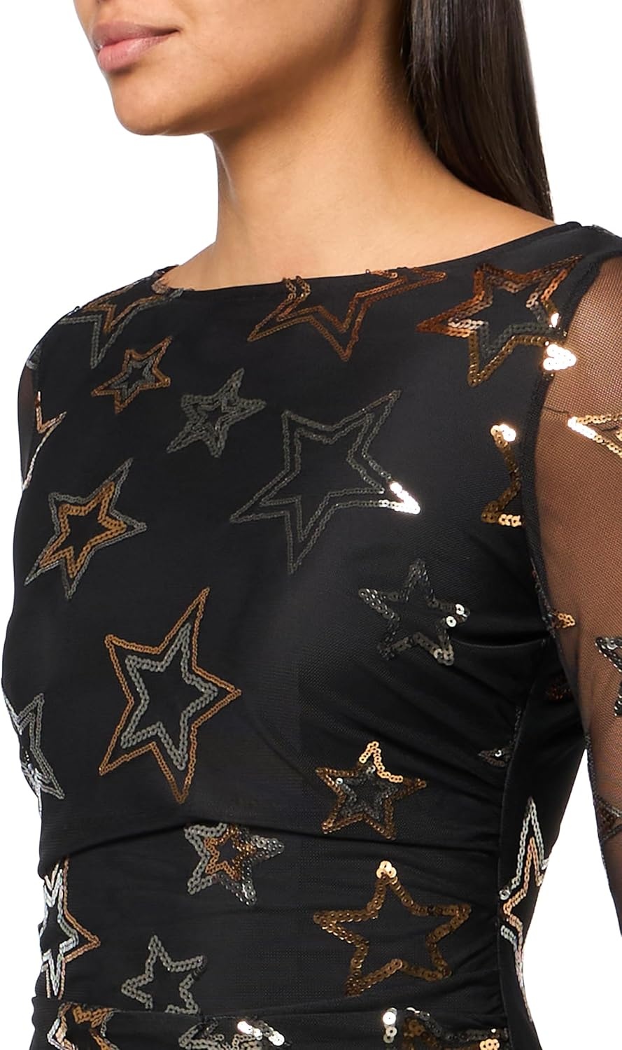 image:imageVince Camuto Womens Long Sleeve Sequin Mesh Side Ruched Bodycon DressBlack Gold