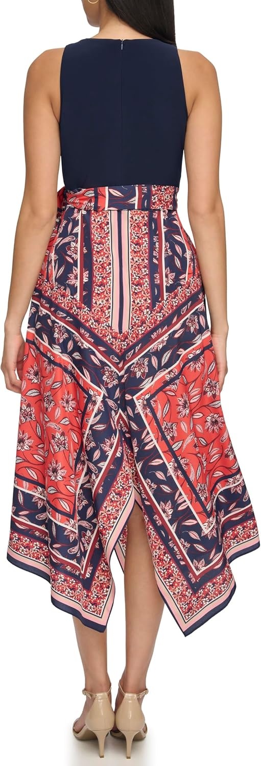 image:imageVince Camuto Womens Sleeveless High Neck Tie Waist Handkerchief Midi DressPersimmon