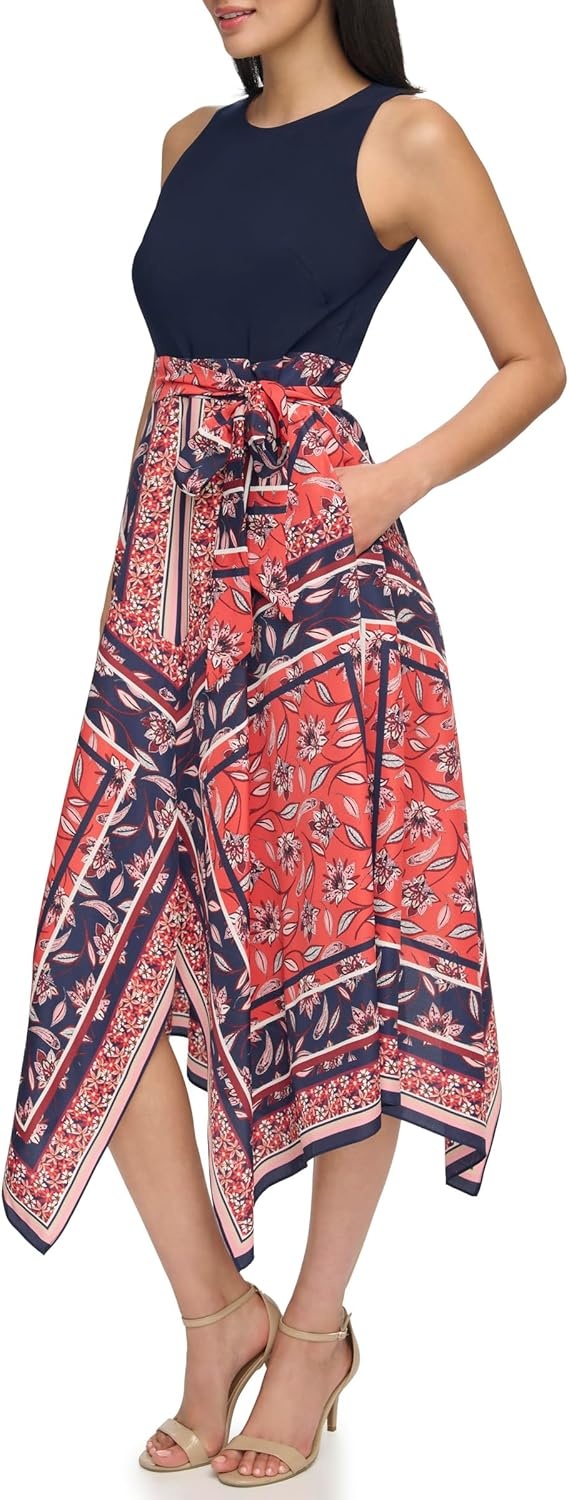 image:imageVince Camuto Womens Sleeveless High Neck Tie Waist Handkerchief Midi DressPersimmon