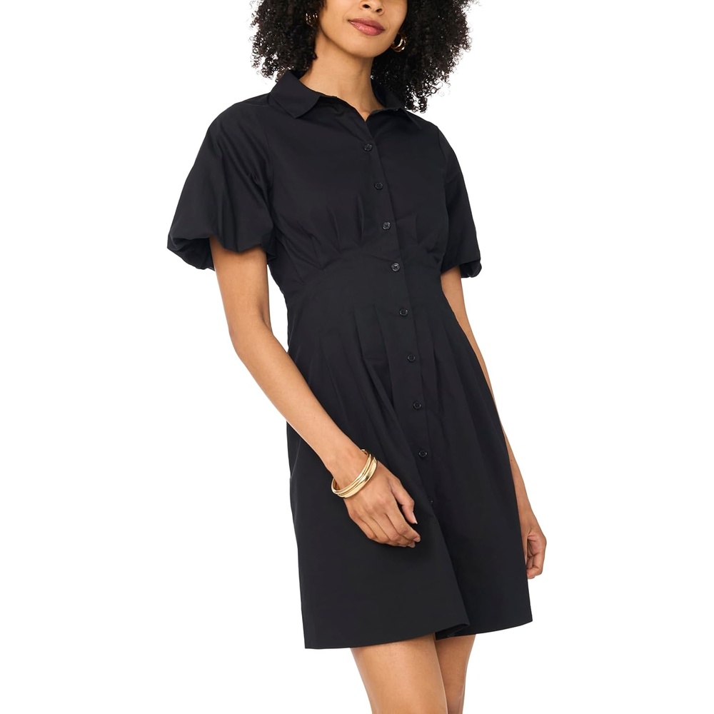 image:imageVince Camuto Womens Short Puff Sleeve Collared Button Down Mini Shirt DressRich Black